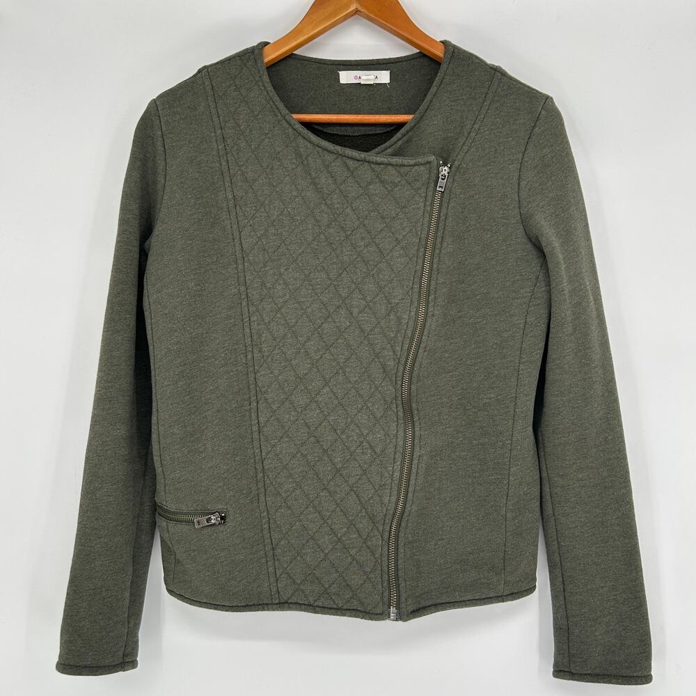 ATHLETA Quilted Moto Jacket Womens Medium Olive Green Asymmetrical Biker Earthy